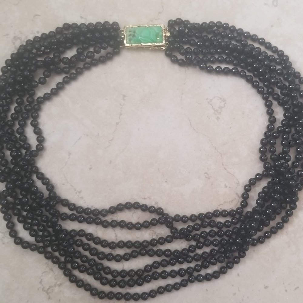 RARE GUMPS TSL BLACK GREEN CARVED JADE 14k NECKLACE MULTI STRAND TORSADE PENDANT